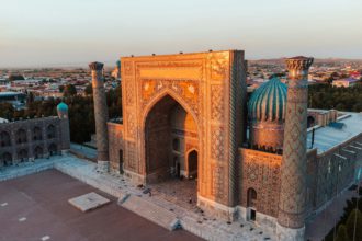 Registan Square in Samarkand Uzbekistan during sunset