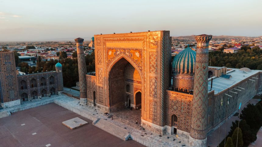 Registan Square in Samarkand Uzbekistan during sunset